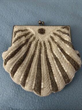 Beaded Shell Clutch Bag in Cream and Silver